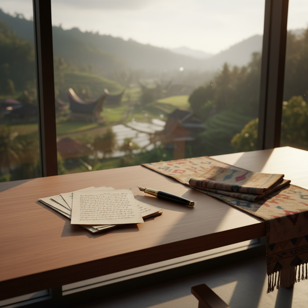 A minimalist writing desk made from smooth, honey-toned wood positioned near a large window overlooking a Toraja valley, where distant tongkonan roofs and terraced greenery are visible in soft focus. On the desk rests a neat stack of Javanese-language manuscript pages, a vintage fountain pen, and a folded handwoven Toraja textile adding refined texture and muted color. Warm golden-hour light slants across the desk, emphasizing paper fibers and pen reflections while leaving the background gently hazy. Photographic realism, composed with asymmetrical balance and a shallow depth of field, creating a sophisticated, quiet atmosphere of creative novel-writing grounded in Toraja culture without cliché.