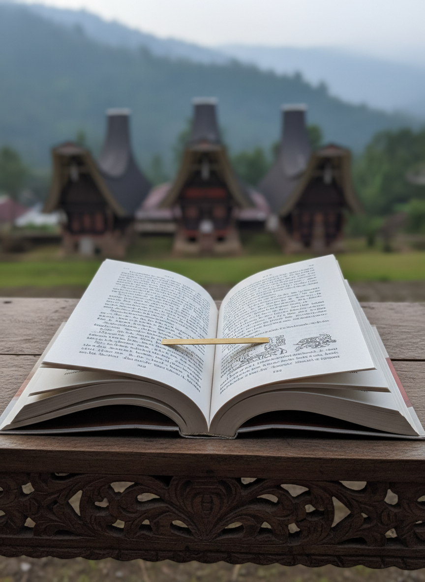 An open Javanese-language novel lying on a low wooden bench carved in a Toraja style, the pages gently curved as if mid-reading, with a simple brass bookmark resting across the center fold. Behind it, a blurred view of traditional Toraja tongkonan roofs rises against misty green hills, their layered shapes distinct but not overpowering. Cool early-morning light filters in, casting delicate shadows between the pages and subtle reflections on the brass. Photographic realism from a slightly elevated angle, rule-of-thirds composition, with the text-rich pages as the focal point. The mood is serene and introspective, blending literary intimacy with authentic cultural landscape.