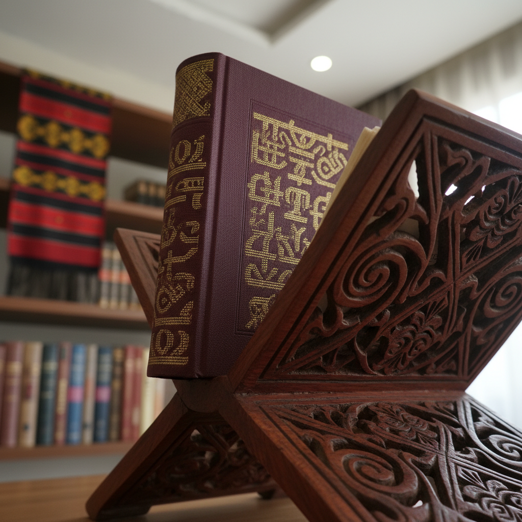 A close-up, photographic image of a beautifully bound novel slipped halfway into a carved Toraja wooden bookstand, the stand adorned with authentic, intricate geometric motifs and polished to a gentle sheen. The book’s spine displays subtle Javanese script-inspired ornamentation, abstracted so no text is legible, in deep maroon and gold tones. Soft, diffused indoor lighting from above and the side adds depth to the wood carving and fabric-like texture of the cover. The background shows an out-of-focus shelf with more novels and a single folded Toraja textile. Shot from a low, intimate angle, emphasizing tactile details and conveying a refined, cultured reading space.