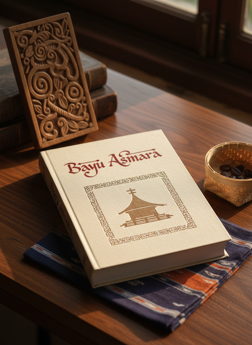 A hardback Javanese novel titled in elegant script, closed and resting on a finely grained dark wooden table, its cover subtly embossed with a stylized Toraja tongkonan roof silhouette and intricate geometric borders. Around it lie a carved Toraja wooden panel, a small woven bamboo basket, and a traditional textile folded neatly. Late-afternoon natural light from an unseen window grazes the surfaces, creating soft highlights on the embossed cover and gentle shadows beneath the objects. Photographic realism, shot at eye level with a shallow depth of field, the book in crisp focus while the cultural artifacts blur softly, evoking a sophisticated, contemplative mood suited to literary discovery.