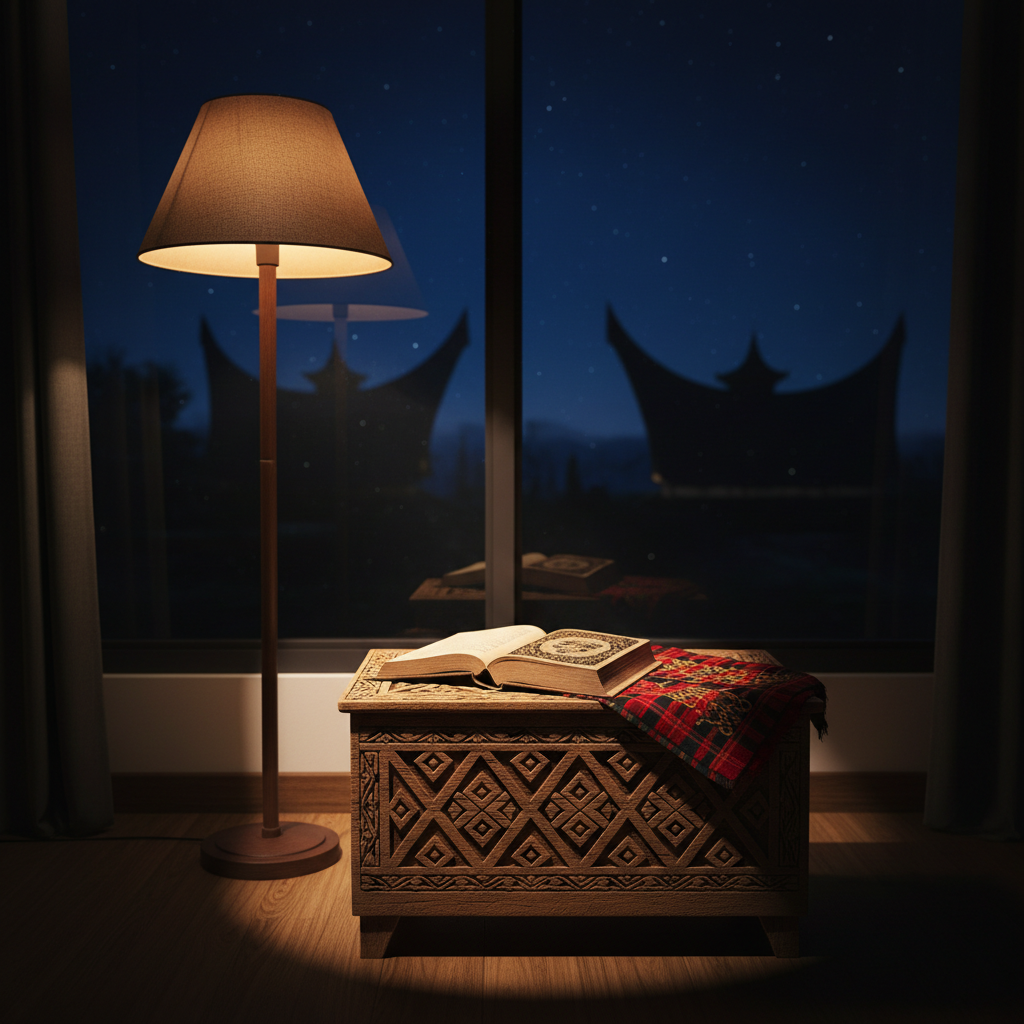 A nighttime reading corner featuring a single Javanese novel resting open on a low Toraja-style wooden chest, its pages catching the warm glow of a nearby shaded floor lamp. Behind the chest stands a large window framing the silhouette of tongkonan roofs under a starry sky, softly reflected in the glass. A neatly folded traditional textile sits at the corner of the chest, adding subtle pattern and color without distraction. Photographic realism with rich, warm artificial light creating gentle vignetting around the book, shallow depth of field isolating the novel while the cultural elements remain recognizably Toraja yet understated. The mood is intimate, sophisticated, and quietly dramatic.